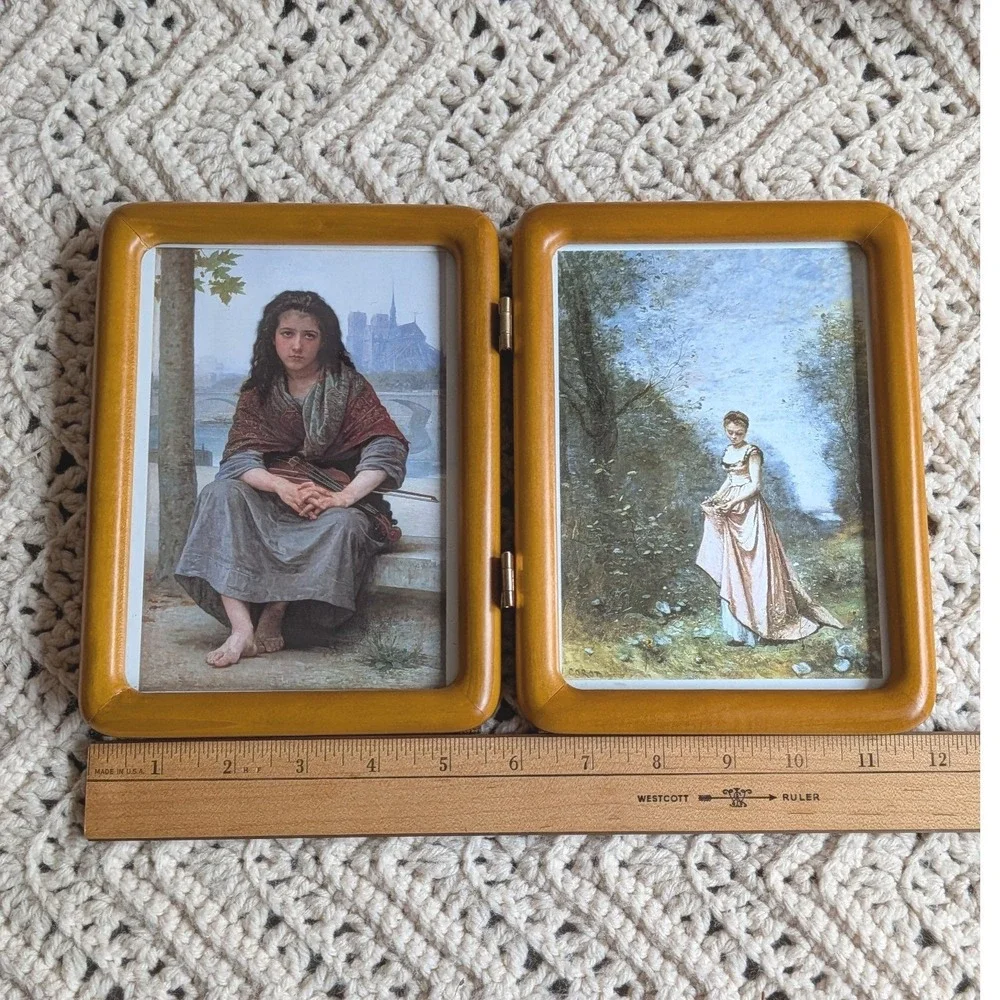 Vintage Wood Folding Double Picture Frame Bouguereau Corot Art Prints 8x5.5